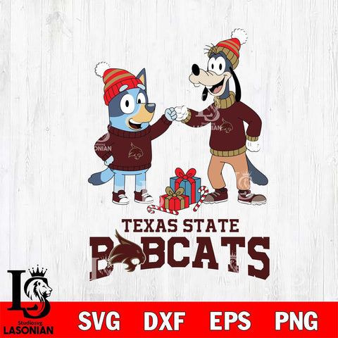 Texas State Bobcats Bluey With Goofy Christmas File Cut, NCAA SVG DXF EPS PNG FILE, Digital Download,Instant Download, Silhouette