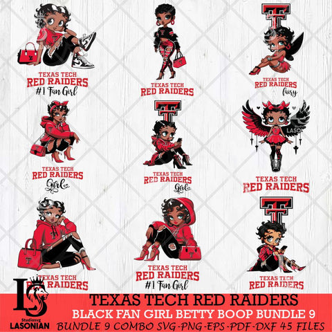 Texas Tech Red Raiders Black Fan Girl Betty Boop Bundle 9, Svg Eps Dxf Png File, Digital Download