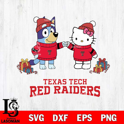 Texas Tech Red Raiders Bluey With Hello kitty Christmas File Cut, NCAA SVG DXF EPS PNG FILE, Digital Download,Instant Download, Silhouette