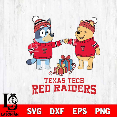 Texas Tech Red Raiders Bluey With Winnie The Pooh Christmas File Cut, NCAA SVG DXF EPS PNG FILE, Digital Download,Instant Download, Silhouette