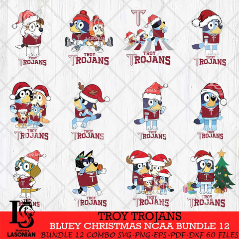 Troy Trojans Bluey Christmas NCAA Bundle 12 Cricut File Cut Files , Bluey Cricut , Christmas Svg , Bluey svg , Digital Download, dxf eps png pdf file