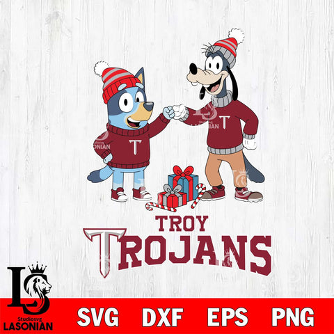 Troy Trojans Bluey With Goofy Christmas File Cut, NCAA SVG DXF EPS PNG FILE, Digital Download,Instant Download, Silhouette
