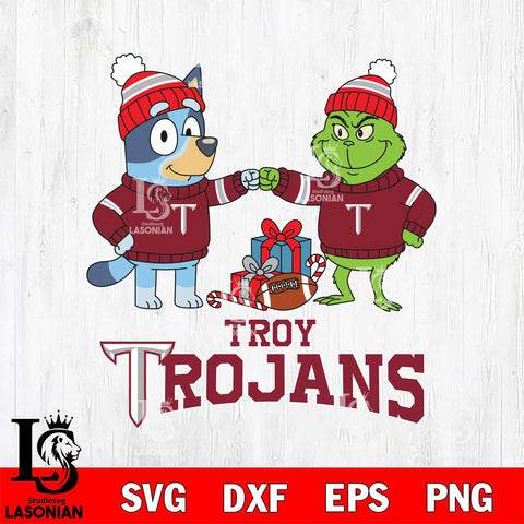 Troy Trojans Bluey With Grinch Christmas File Cut, NCAA SVG DXF EPS PNG FILE, Digital Download,Instant Download, Silhouette