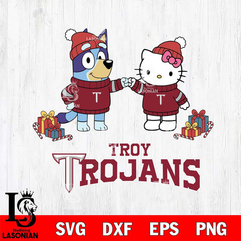 Troy Trojans Bluey With Hello kitty Christmas File Cut, NCAA SVG DXF EPS PNG FILE, Digital Download,Instant Download, Silhouette