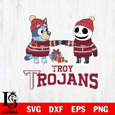 Troy Trojans Bluey With Jack Skellington Christmas File Cut, NCAA SVG DXF EPS PNG FILE, Digital Download,Instant Download, Silhouette