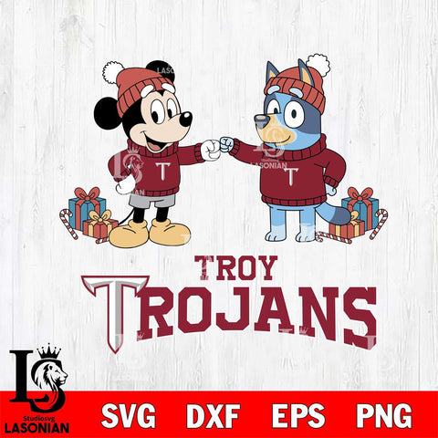 Troy Trojans Bluey With Mickey Christmas File Cut, NCAA SVG DXF EPS PNG FILE, Digital Download,Instant Download, Silhouette