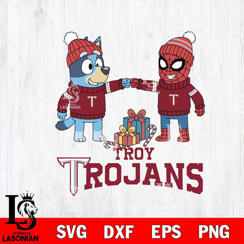 Troy Trojans Bluey With Spider man Christmas File Cut, NCAA SVG DXF EPS PNG FILE, Digital Download,Instant Download, Silhouette