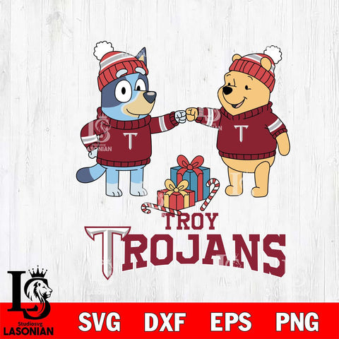 Troy Trojans Bluey With Winnie The Pooh Christmas File Cut, NCAA SVG DXF EPS PNG FILE, Digital Download,Instant Download, Silhouette