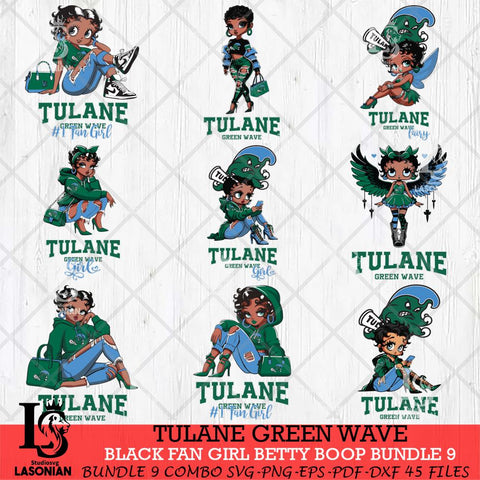 Tulane Green Wave Black Fan Girl Betty Boop Bundle 9, Svg Eps Dxf Png File, Digital Download