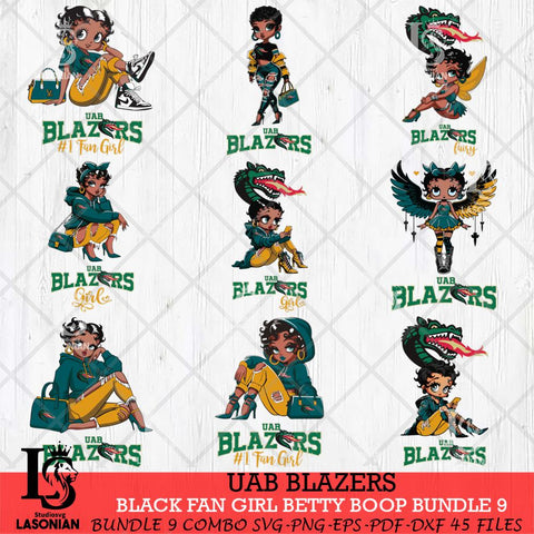 UAB Blazers Black Fan Girl Betty Boop Bundle 9, Svg Eps Dxf Png File, Digital Download