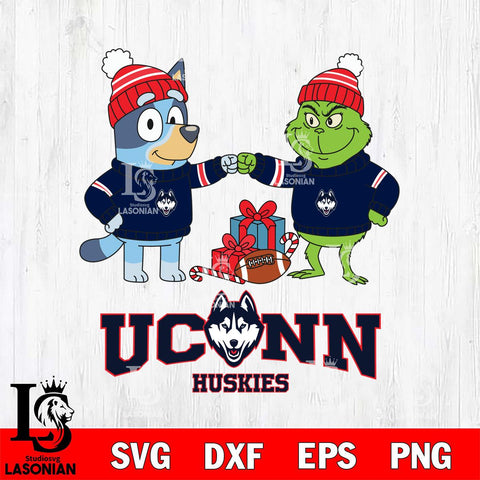 UConn Huskies Bluey With Grinch Christmas File Cut, NCAA SVG DXF EPS PNG FILE, Digital Download,Instant Download, Silhouette