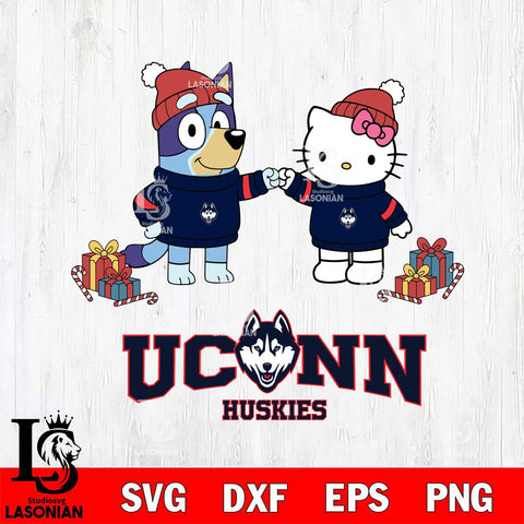 UConn Huskies Bluey With Hello kitty Christmas File Cut, NCAA SVG DXF EPS PNG FILE, Digital Download,Instant Download, Silhouette