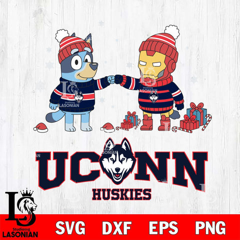 UConn Huskies Bluey With Iron man Christmas File Cut, NCAA SVG DXF EPS PNG FILE, Digital Download,Instant Download, Silhouette