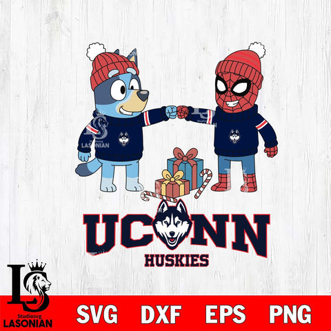 UConn Huskies Bluey With Spider man Christmas File Cut, NCAA SVG DXF EPS PNG FILE, Digital Download,Instant Download, Silhouette