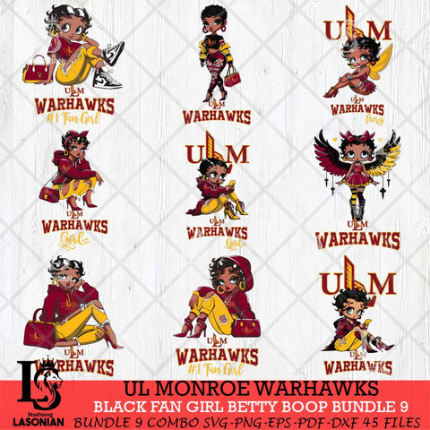 UL Monroe Warhawks Black Fan Girl Betty Boop Bundle 9, Svg Eps Dxf Png File, Digital Download