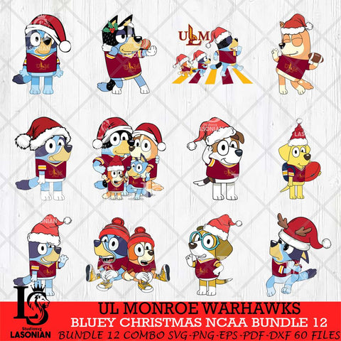 UL Monroe Warhawks Bluey Christmas NCAA Bundle 12 SVG Eps Dxf Png File, Digital Download, Instant Download