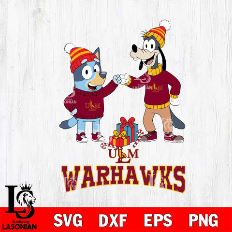 UL Monroe Warhawks Bluey With Goofy Christmas File Cut, NCAA SVG DXF EPS PNG FILE, Digital Download,Instant Download, Silhouette