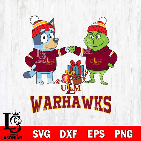 UL Monroe Warhawks Bluey With Grinch Christmas File Cut, NCAA SVG DXF EPS PNG FILE, Digital Download,Instant Download, Silhouette
