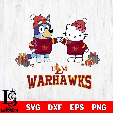 UL Monroe Warhawks Bluey With Hello kitty Christmas File Cut, NCAA SVG DXF EPS PNG FILE, Digital Download,Instant Download, Silhouette