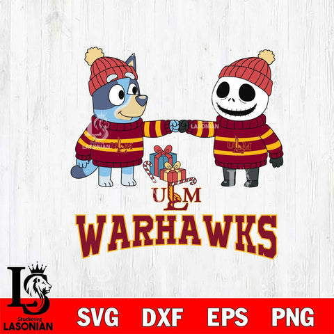 UL Monroe Warhawks Bluey With Jack Skellington Christmas File Cut, NCAA SVG DXF EPS PNG FILE, Digital Download,Instant Download, Silhouette