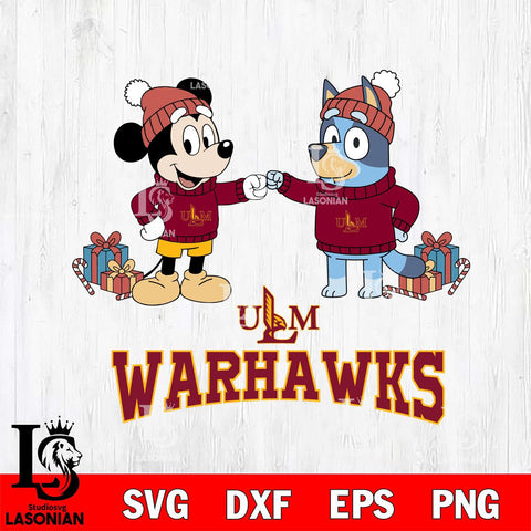 UL Monroe Warhawks Bluey With Mickey Christmas File Cut, NCAA SVG DXF EPS PNG FILE, Digital Download,Instant Download, Silhouette