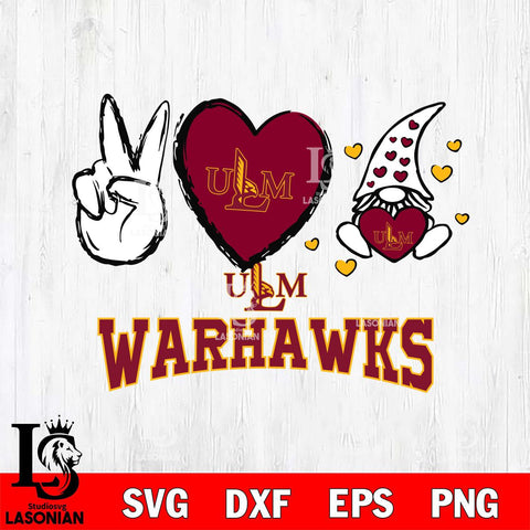 UL Monroe Warhawks Gnomes Peace & Love Svg Eps Dxf Png File, Digital Download, Instant Download