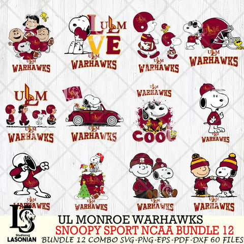 UL Monroe Warhawks  Snoopy NCAA Bundle 12 SVG Svg Eps Dxf Png File, Digital Download