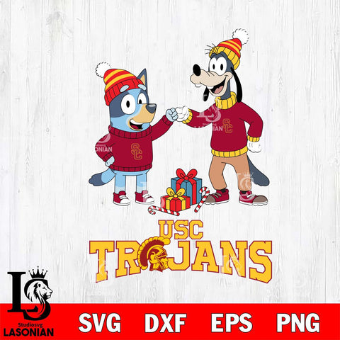 USC Trojans Bluey With Goofy Christmas File Cut, NCAA SVG DXF EPS PNG FILE, Digital Download,Instant Download, Silhouette