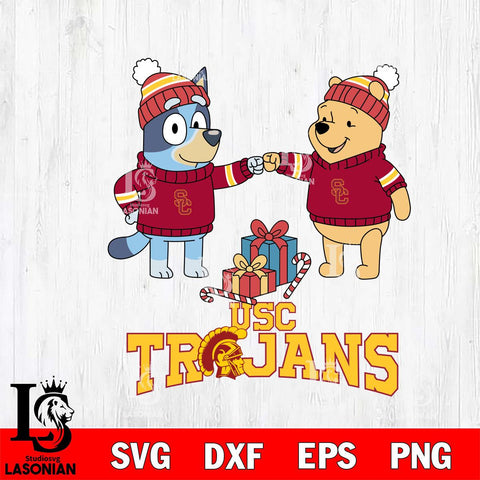 USC Trojans Bluey With Winnie The Pooh Christmas File Cut, NCAA SVG DXF EPS PNG FILE, Digital Download,Instant Download, Silhouette