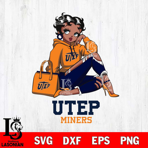 UTEP Miners Awesome Black Fan Girl Betty Boop, Svg Eps Dxf Png File, Digital Download