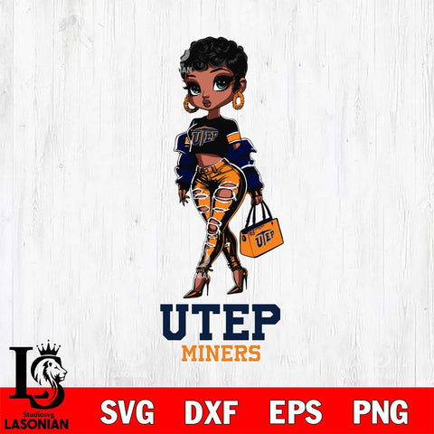 UTEP Miners Beautiful Black Fan Girl, Svg Eps Dxf Png File, Digital Download