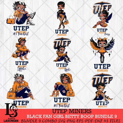 UTEP Miners Black Fan Girl Betty Boop Bundle 9, Svg Eps Dxf Png File, Digital Download