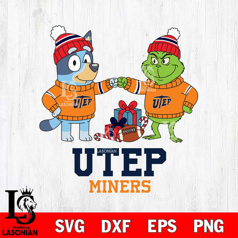 UTEP Miners Bluey With Grinch Christmas File Cut, NCAA SVG DXF EPS PNG FILE, Digital Download,Instant Download, Silhouette