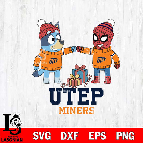 UTEP Miners Bluey With Spider man Christmas File Cut, NCAA SVG DXF EPS PNG FILE, Digital Download,Instant Download, Silhouette