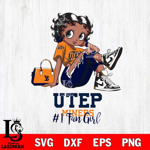 UTEP Miners #1 Black Fan Girl Betty Boop, Svg Eps Dxf Png File, Digital Download