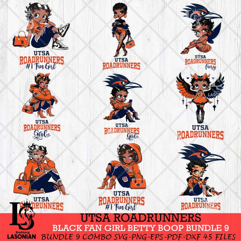 UTSA Roadrunners Black Fan Girl Betty Boop Bundle 9, Svg Eps Dxf Png File, Digital Download