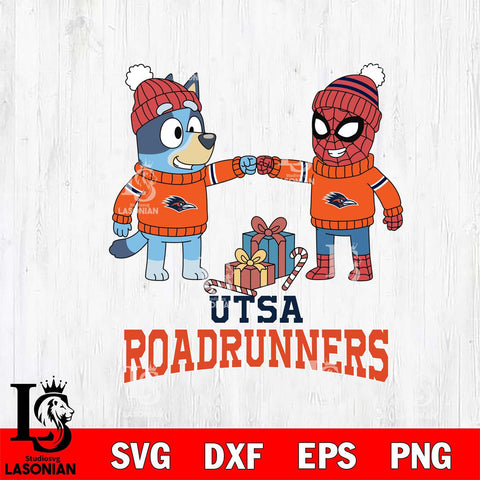 UTSA Roadrunners Bluey With Spider man Christmas File Cut, NCAA SVG DXF EPS PNG FILE, Digital Download,Instant Download, Silhouette