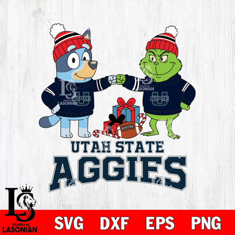 Utah State Aggies Bluey With Grinch Christmas File Cut, NCAA SVG DXF EPS PNG FILE, Digital Download,Instant Download, Silhouette