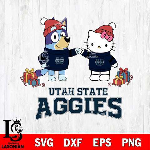 Utah State Aggies Bluey With Hello kitty Christmas File Cut, NCAA SVG DXF EPS PNG FILE, Digital Download,Instant Download, Silhouette