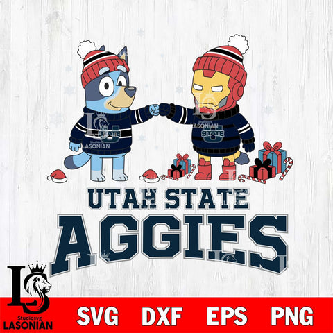 Utah State Aggies Bluey With Iron man Christmas File Cut, NCAA SVG DXF EPS PNG FILE, Digital Download,Instant Download, Silhouette