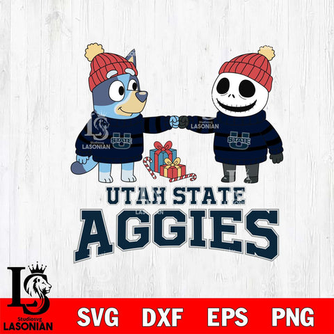 Utah State Aggies Bluey With Jack Skellington Christmas File Cut, NCAA SVG DXF EPS PNG FILE, Digital Download,Instant Download, Silhouette