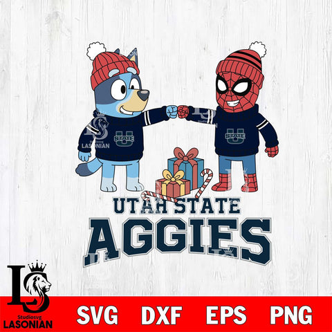 Utah State Aggies Bluey With Spider man Christmas File Cut, NCAA SVG DXF EPS PNG FILE, Digital Download,Instant Download, Silhouette