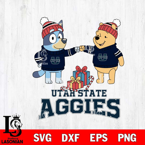Utah State Aggies Bluey With Winnie The Pooh Christmas File Cut, NCAA SVG DXF EPS PNG FILE, Digital Download,Instant Download, Silhouette