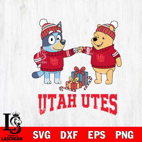 Utah Utes Bluey With Winnie The Pooh Christmas File Cut, NCAA SVG DXF EPS PNG FILE, Digital Download,Instant Download, Silhouette