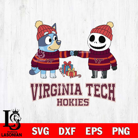 Virginia Tech Hokies Bluey With Jack Skellington Christmas File Cut, NCAA SVG DXF EPS PNG FILE, Digital Download,Instant Download, Silhouette