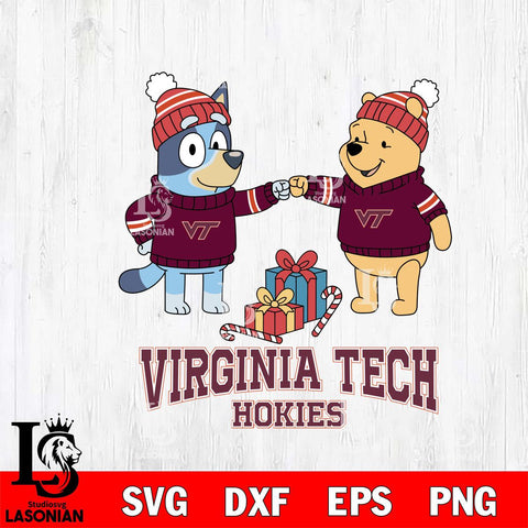 Virginia Tech Hokies Bluey With Winnie The Pooh Christmas File Cut, NCAA SVG DXF EPS PNG FILE, Digital Download,Instant Download, Silhouette