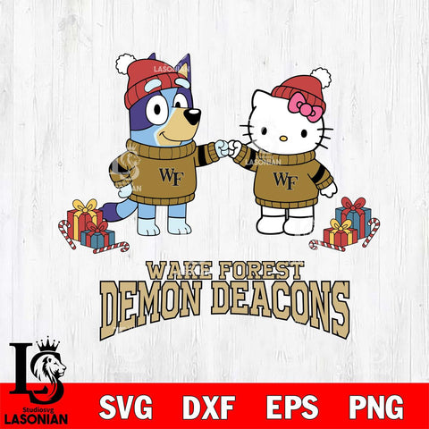 Wake Forest Demon Deacons Bluey With Hello kitty Christmas File Cut, NCAA SVG DXF EPS PNG FILE, Digital Download,Instant Download, Silhouette