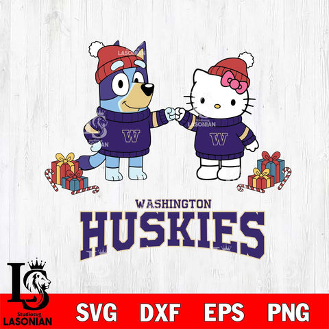 Washington Huskies Bluey With Hello kitty Christmas File Cut, NCAA SVG DXF EPS PNG FILE, Digital Download,Instant Download, Silhouette