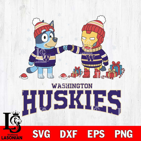 Washington Huskies Bluey With Iron man Christmas File Cut, NCAA SVG DXF EPS PNG FILE, Digital Download,Instant Download, Silhouette