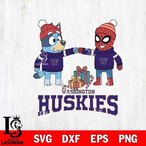 Washington Huskies Bluey With Spider man Christmas File Cut, NCAA SVG DXF EPS PNG FILE, Digital Download,Instant Download, Silhouette